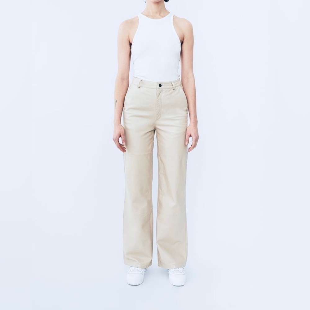 Free People Deadwood Women’s Leather Hi Rise Wide Leg Off White Pants Sz 4 NWT